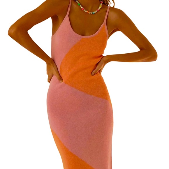 Maxi Knit Orange Pink Graphic Fitted Bodycon Dress - Picture 3 of 5